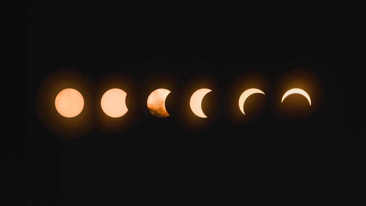 Six photographs of the moon in sequence, from full through crescent, against a black sky.