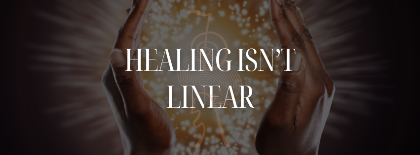 Banner reading “Healing isn’t linear” over a pair of upturned hands cupping a glowing Reiki symbol.