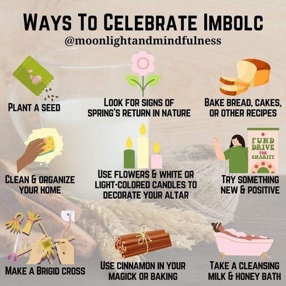 Illustrated list titled “Ways To Celebrate Imbolc”, credited to @moonlightandmindfulness: plant a seed; look for signs of spring’s return in nature; bake bread, cakes, or other recipes; clean and organize your home; use flowers and white or light-coloured candles to decorate your altar; try something new and positive; make a Brigid cross; use cinnamon in your magick or baking; take a cleansing milk and honey bath.