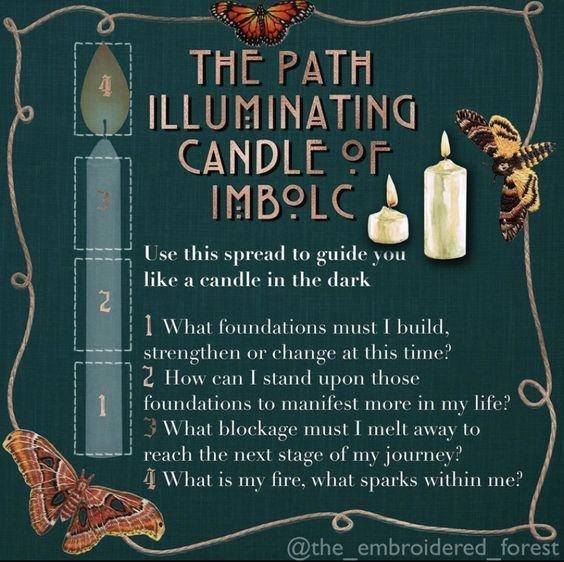 Tarot spread graphic titled “The Path Illuminating Candle of Imbolc”, credited to @the_embroidered_forest, laid out along a candle. Use this spread to guide you like a candle in the dark. One: what foundations must I build, strengthen or change at this time? Two: how can I stand upon those foundations to manifest more in my life? Three: what blockage must I melt away to reach the next stage of my journey? Four: what is my fire, what sparks within me?
