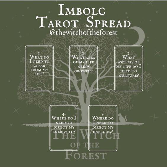 Five-card tarot spread graphic titled “Imbolc Tarot Spread”, credited to @thewitchoftheforest, arranged around a bare tree. One: what do I need to clear from my life? Two: what area of my life needs growth? Three: what aspects of my life do I need to nurture? Four: where do I need to direct my energy to? Five: where do I need to direct my energies?