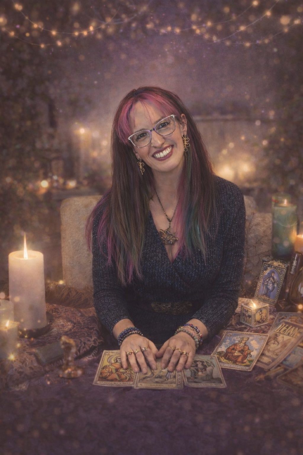 Angelita reading tarot cards at a candlelit table beneath strings of soft lights